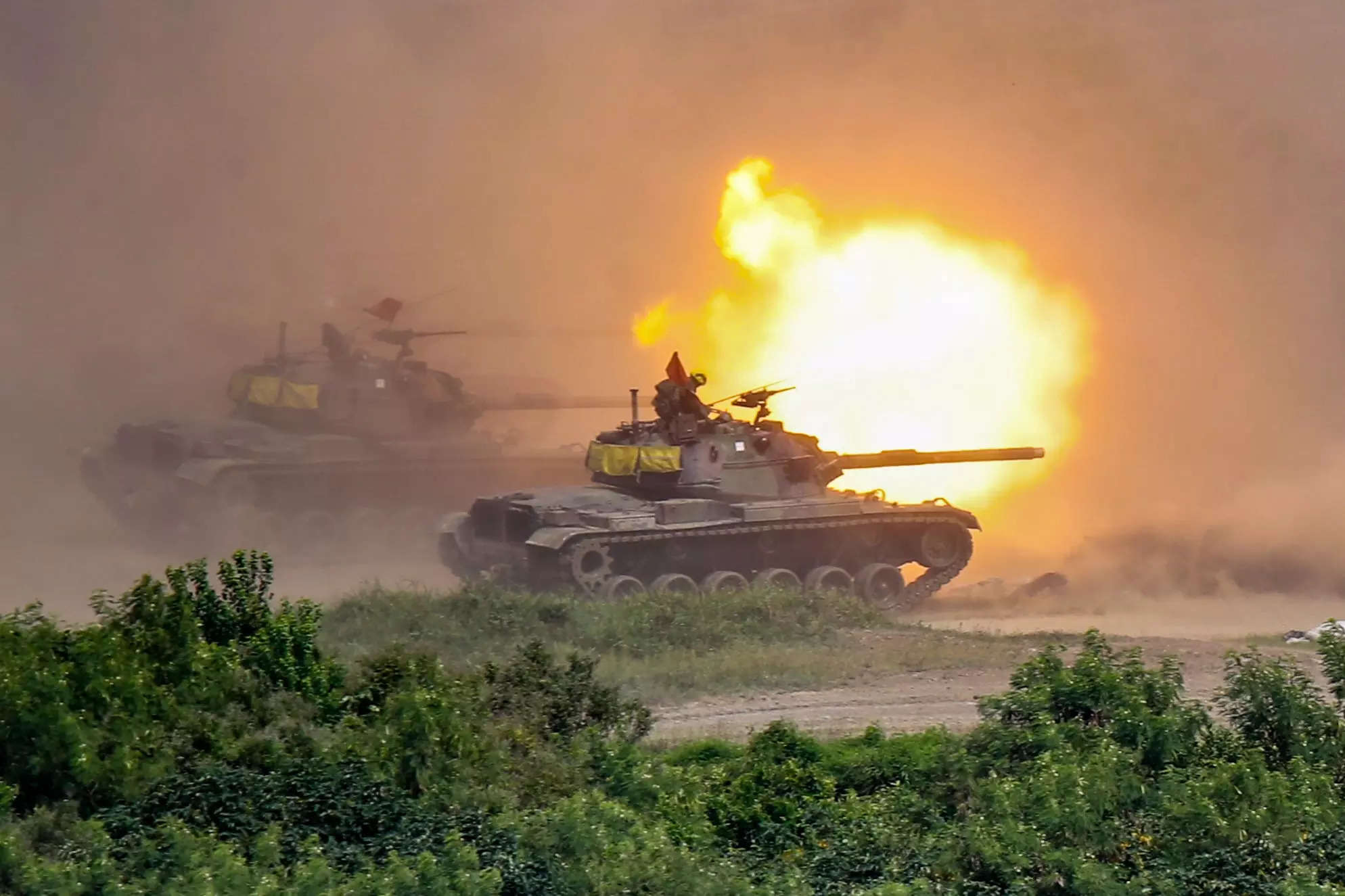 CM-11 tanks fire artillery during the 2-day live-fire drill, amid intensifying threats military from China, in Pingtung county, Taiwan, 7 September 2022.