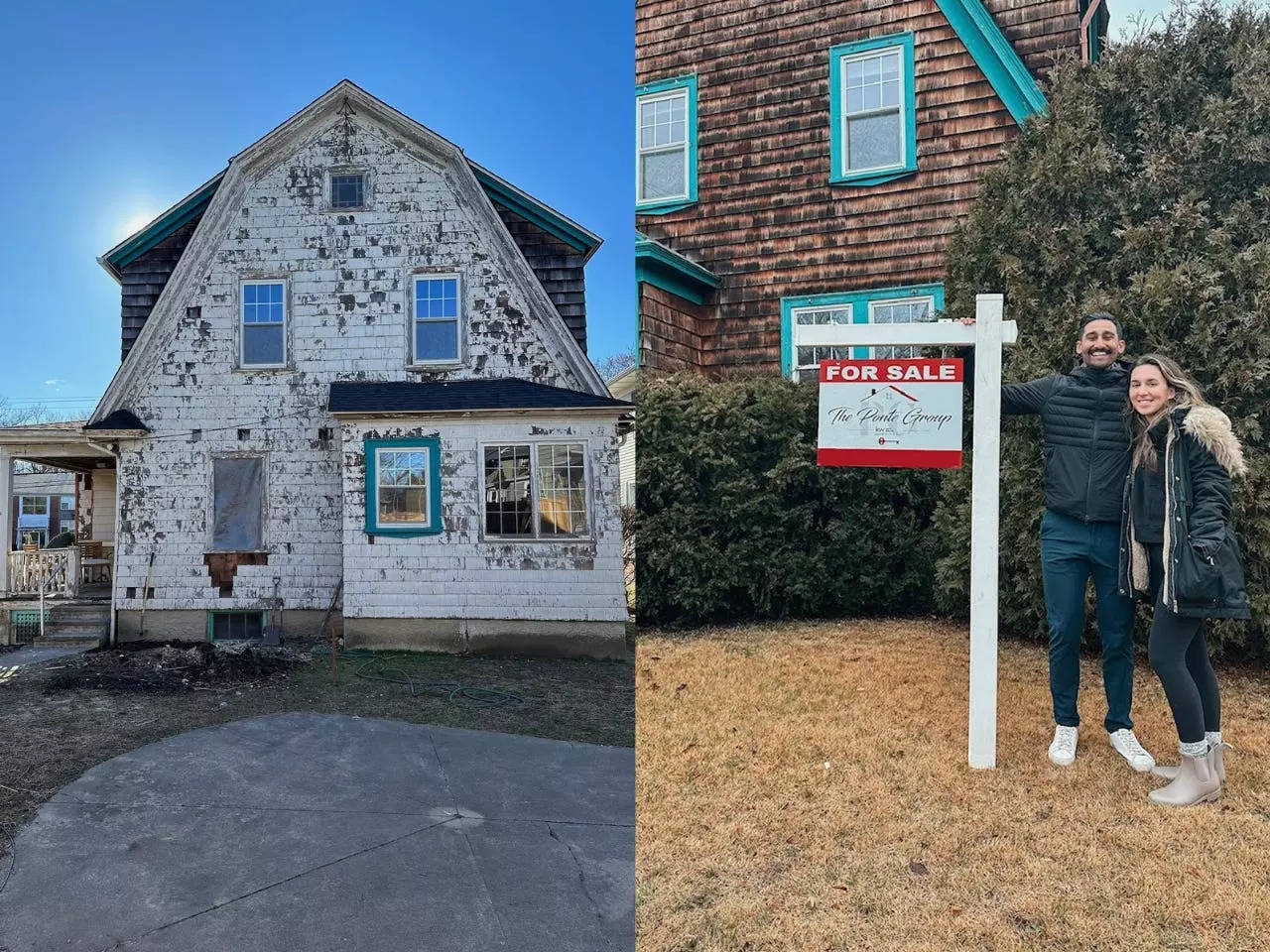 A photo of Greer Gagnier and Kyle Verma standing next to a for sale sign in front of their home (right) next to an exterior shot of the house during construction (left).