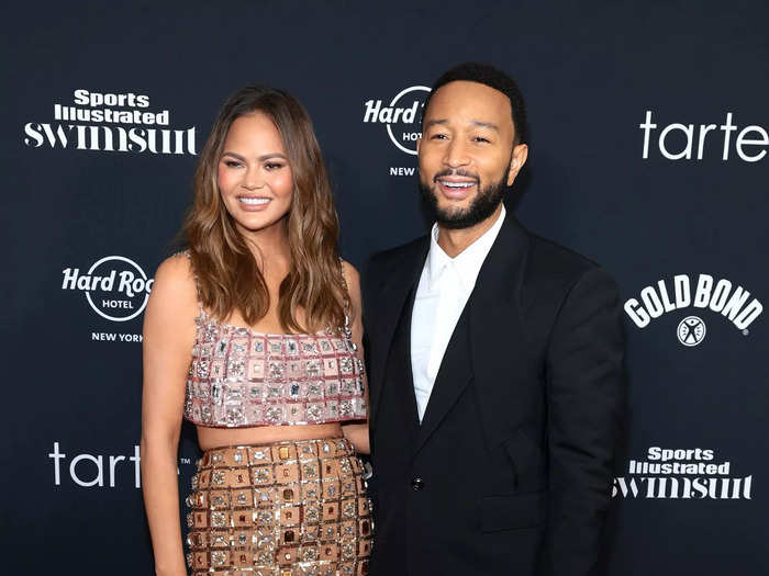 Chrissy Teigen wore a coordinating set, while John Legend kept it simple in a black suit. 