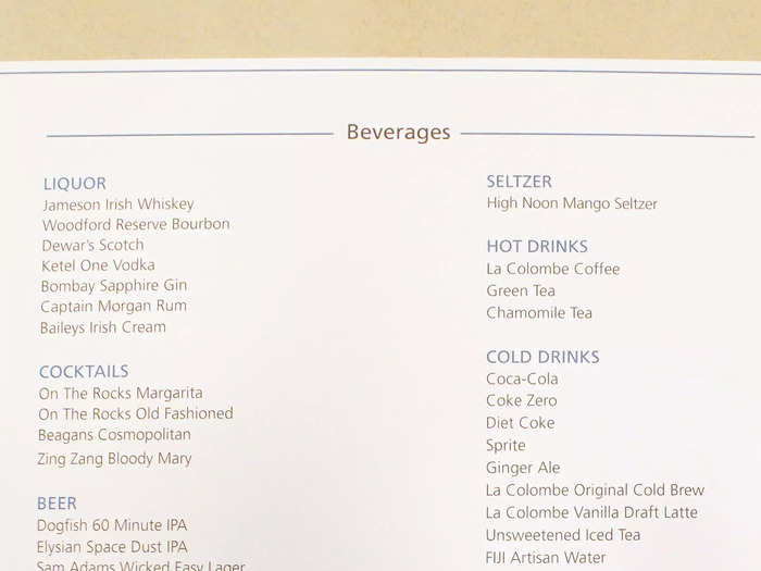 A nice perk in first class was a complimentary drink served after boarding. The drink menu was surprisingly large for a train, with 37 options.