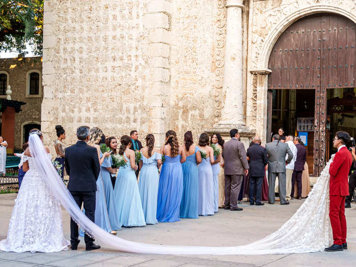 Bridesmaids wearing matching dresses