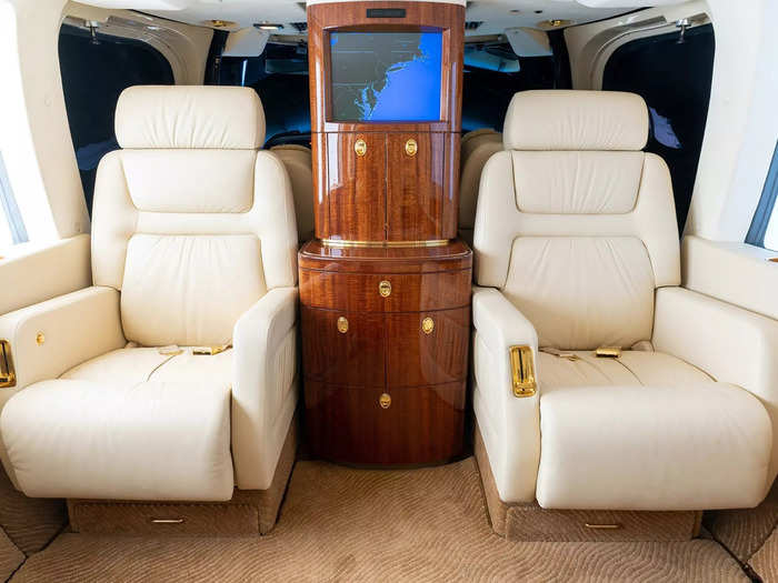The helicopter interiors sport the same luxe vibes as his private planes, with Trump branding, leather seats, and gold finishings.