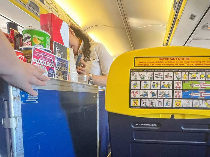 I was the least impressed by the flight attendants on board Ryanair. The food and drinks cart was one row away from me when the seatbelt sign came on, but never returned even when it went off again.