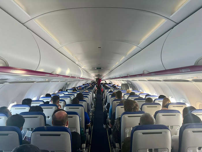 Wizz Air had the most modern plane of the bunch, a 14-month-old Airbus A321neo fitted in its latest interior with blue leather seats.