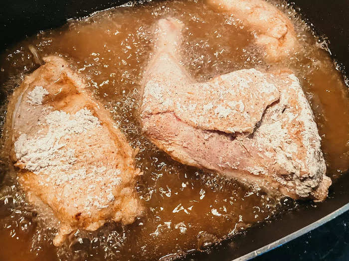 I fried the dredged chicken on the stovetop.