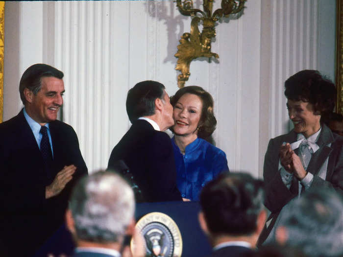 1979: President Carter gave Rosalynn a kiss on the cheek after announcing his run for reelection.