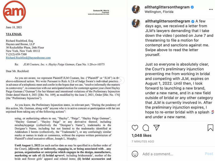 Gutman posted the letter in its entirety to Instagram on June 25, 2021.