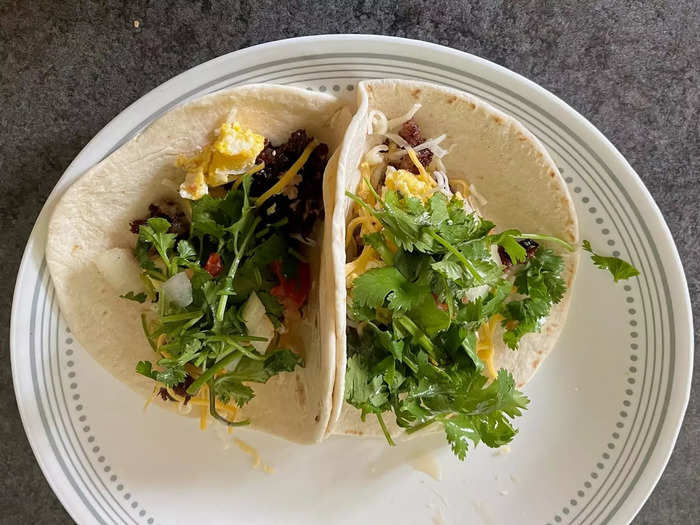 Breakfast burritos or tacos are a great way to use up leftovers.