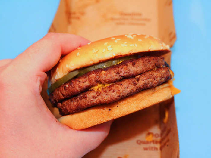 The Double Quarter-Pounder with cheese comes with a whopping half-pound of meat, pickles, onions, ketchup, and mustard.