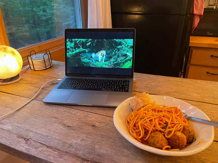 When I returned to the tiny house, food in hand, I set up a movie on my laptop and ate at the table.