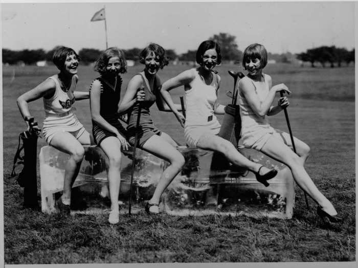 Before modern conveniences like central air conditioning, people found creative ways to stay cool in the summer, like this group of women who appeared to be sitting on a chunk of ice.