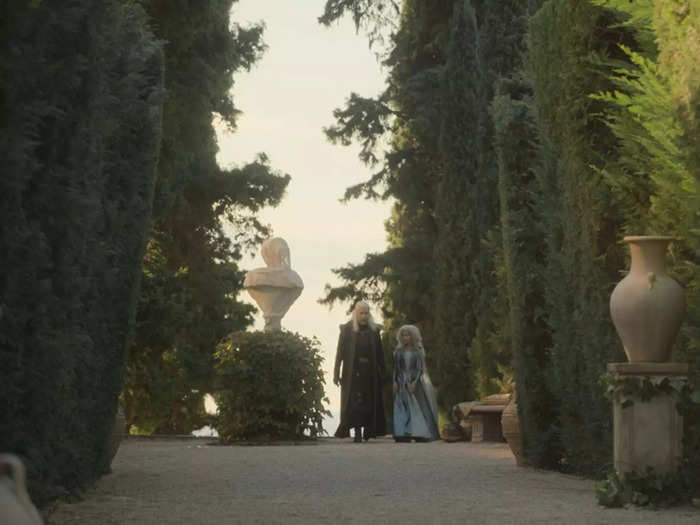 Here we see King Viserys and young Laena Velaryon walking together in "House of the Dragon" episode two.