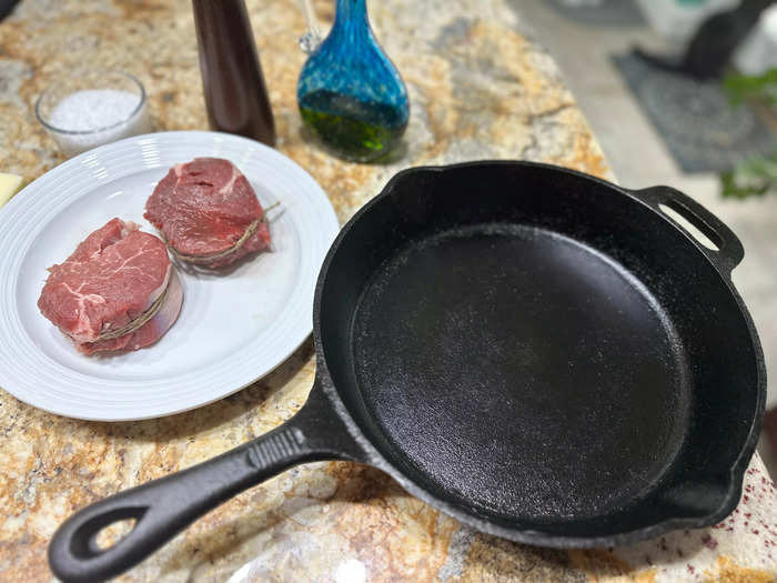 Next, I prepared to cook the steaks in a skillet.