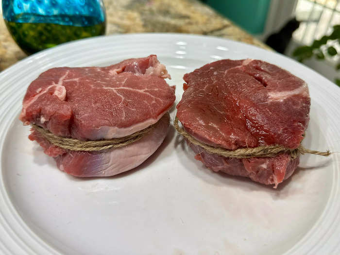I tied my filet mignon to help the meat keep its shape.