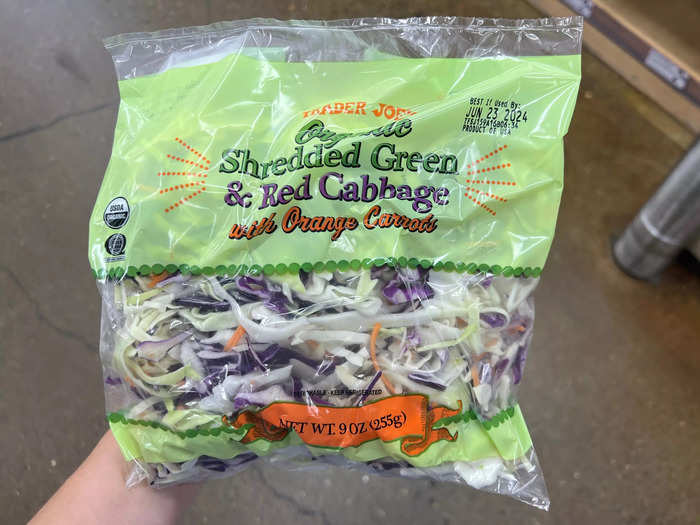 The organic shredded red and green cabbage with carrots makes a delicious coleslaw. 