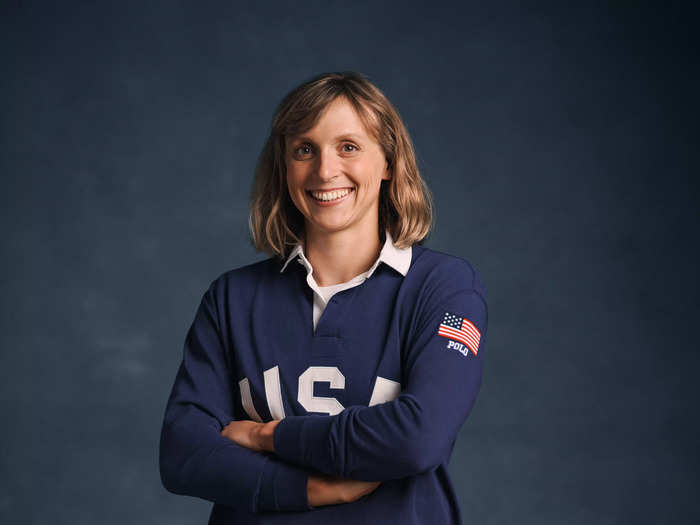 Olympic swimmer Katie Ledecky wears a navy-blue cropped rugby shirt.