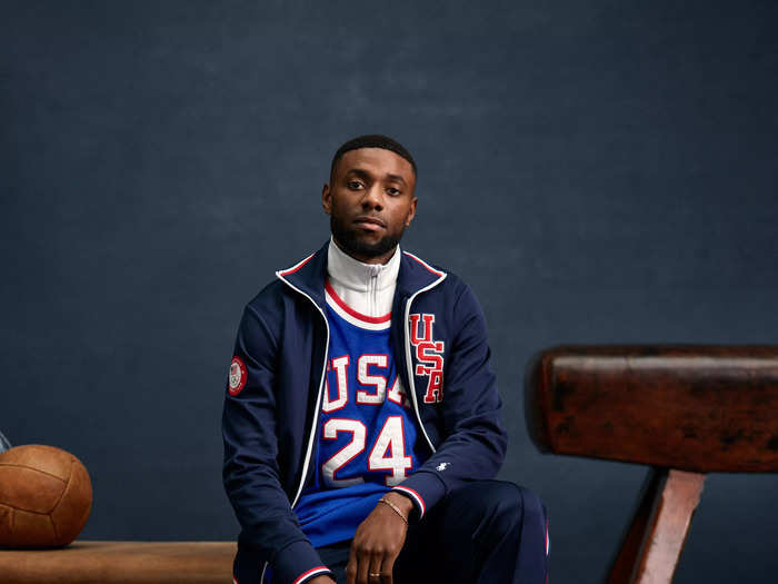 Breaker Jeffrey Louis wears the Team USA track jacket and pants with a mesh tank and white mesh pullover.