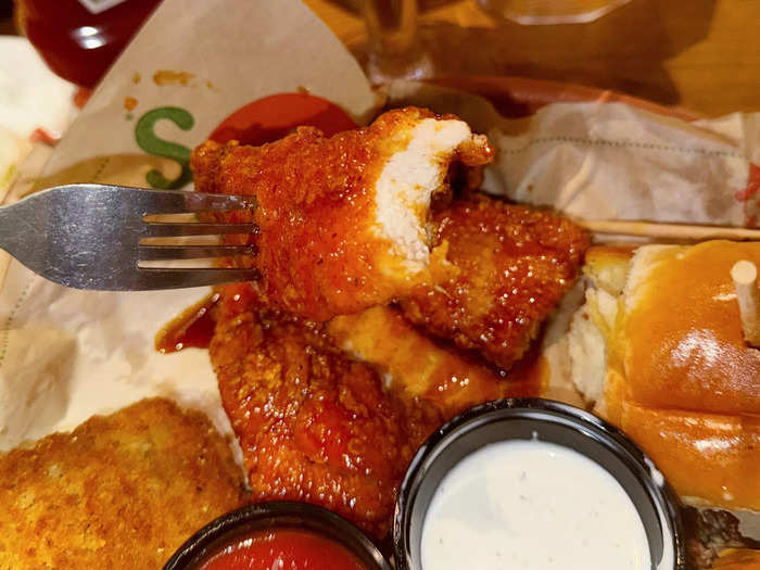 The inside the chicken tender was juicy, and the sauce had a lot of flavor.