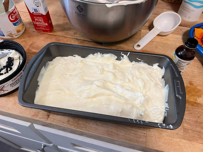 I added the fluffy ice-cream mixture to a loaf pan.