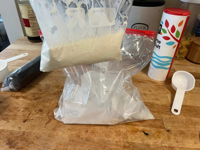 I poured the ingredients into two different plastic bags.