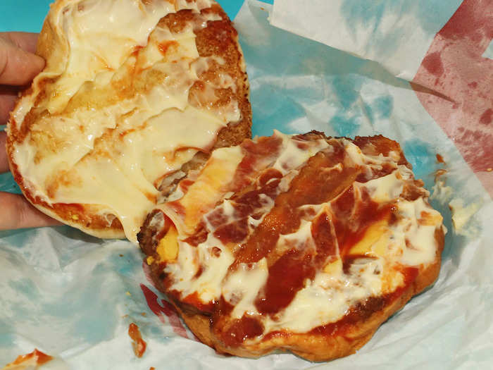 The Bacon King comes with two quarter-pound beef patties, bacon, two slices of cheese, ketchup, and mayonnaise on a sesame-seed bun. 