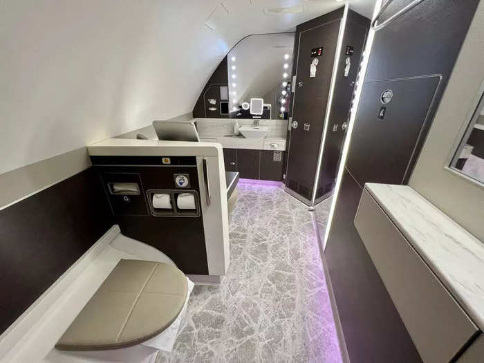 Passengers will find a vanity, toilet, toiletries, a baby-changing station, and a full-sized mirror in each restroom.