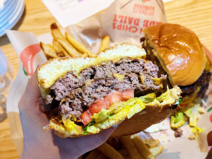This burger tasted strongly of mustard, but we enjoyed the classic toppings. 