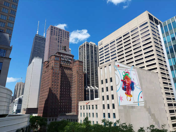 This was the view when I visited on a sunny day with a clear sky. The black building in the background is the Hancock Tower, one of the city