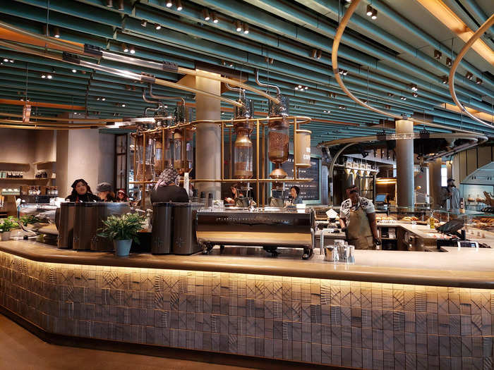 Starbucks uses the same color scheme — copper with teal ceilings — throughout the store. The result was a very sleek and upscale appearance.