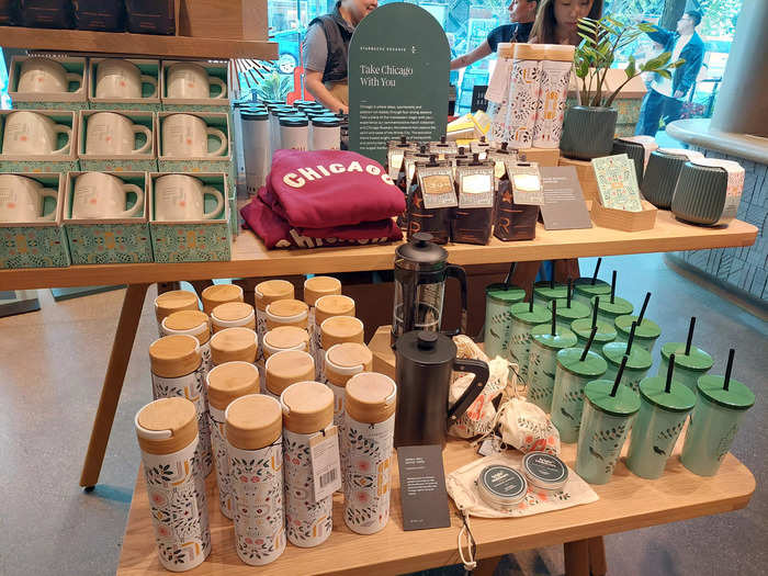 The ground floor is stocked with merchandise specific to the store, including mugs, water bottles, and candles. You could also get a Chicago crewneck sweater for $80. Many of the items are exclusive to the Chicago Reserve Roastery and can