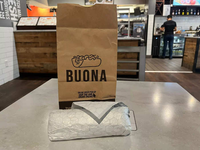 My Buona sandwich was wrapped in foil and placed in a paper bag.