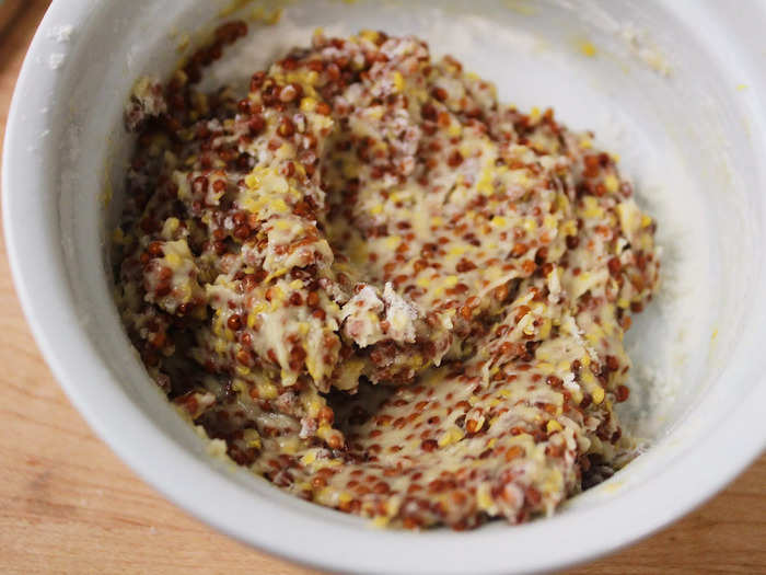 I made the dressing by mixing whole-grain mustard and all-purpose flour.