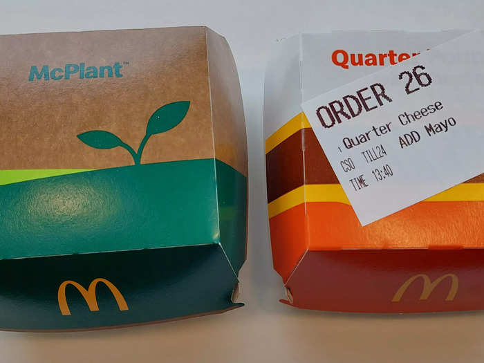 Both burgers came in custom boxes. The McPlant box featured common motifs of plant-based food — natural colors and a small plant symbol. The Quarter Pounder had much brighter packaging.