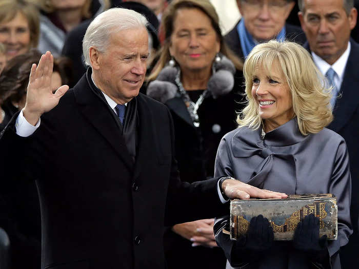 2013: When Obama won a second term, Jill held the Bible again when Joe was sworn in at the inauguration.