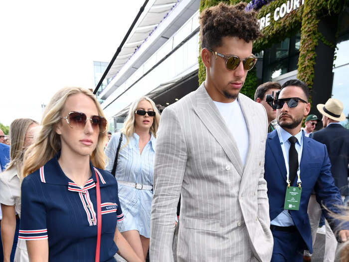 Kansas City Chiefs quarterback Patrick Mahomes was pictured with his wife, Brittany Mahomes, who wore a red, white, and blue look by Gucci.