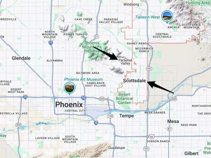 Scottsdale and Paradise Valley are both east of Phoenix, but Paradise Valley is closer to the action.