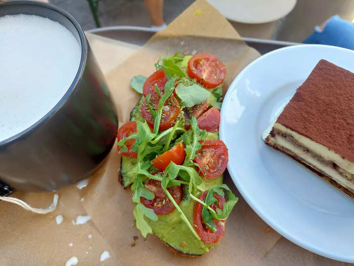 The avocado toast was delicious. I opted for one served with cherry tomatoes, arugula, and herbs. The toppings were generous, but I was disappointed in the overall portion size for $9 pre-tax. It also, strangely, wasn