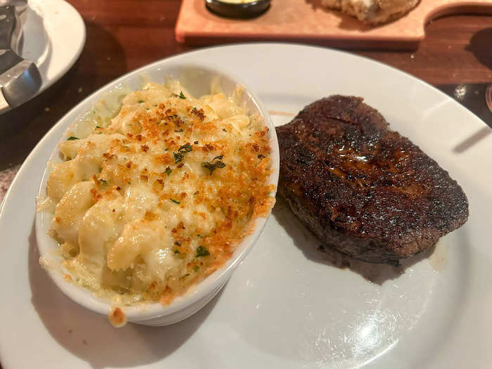 I ordered a 9-ounce filet cooked medium-well with a side of mac and cheese. 