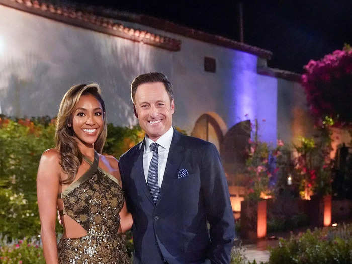 Tayshia Adams officially took over as the Bachelorette in November 2020, wearing this beautiful bronze dress.