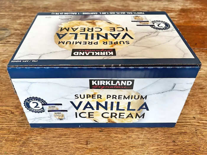 The Kirkland Signature super-premium vanilla ice cream came in a large box.