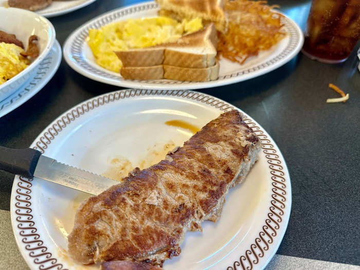 The meat seemed overcooked, but I liked the sirloin-and-eggs breakfast at Waffle House.