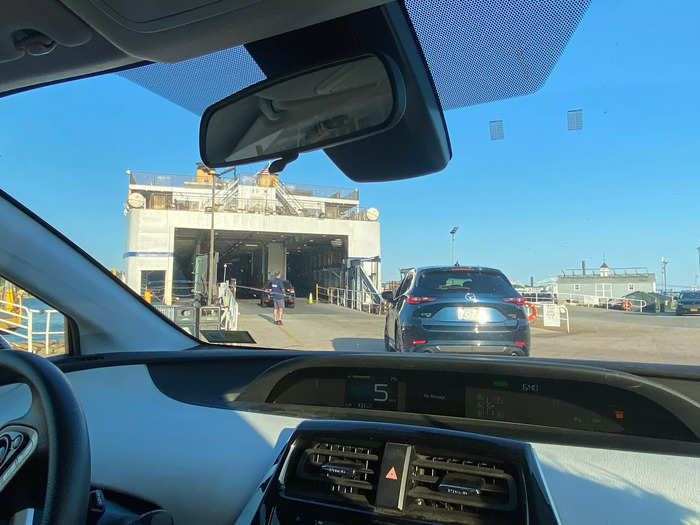 We waited in a line to drive onto the boat in New London. 