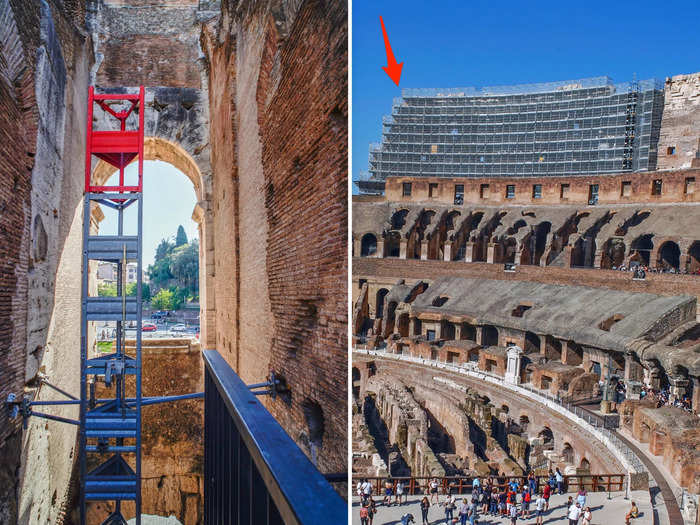 When I had my turn to stand on the edge overlooking the arena, I noticed the Colosseum was under restoration, which wasn