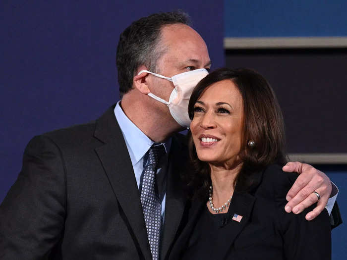 October 2020: Emhoff gave Harris a masked kiss after the vice presidential debate.