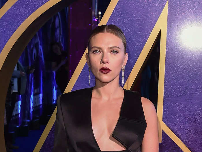 Scarlett Johansson wore a deconstructed tuxedo at the UK premiere of "Avengers: Endgame" in April 2019.