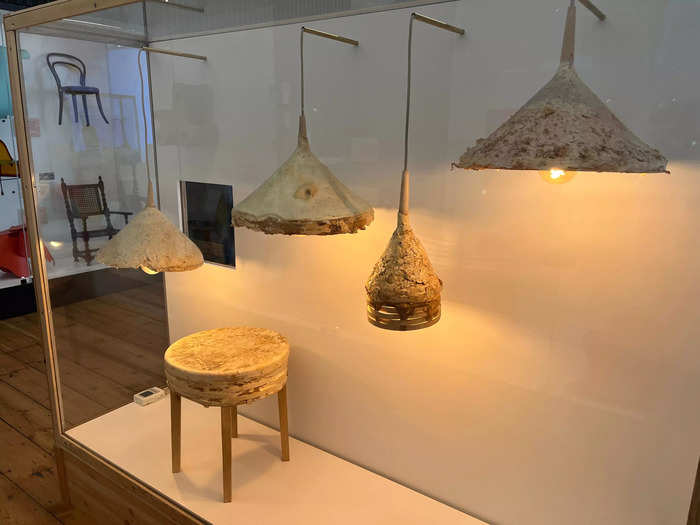 Every item displayed in this exhibition was created to solve a human problem. These light shades are made of an organic material that