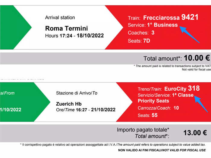 For my business-class Trenitalia trip, I paid an additional $10 to upgrade my Eurail ticket. For my first-class ride, I paid an additional $13 to upgrade.