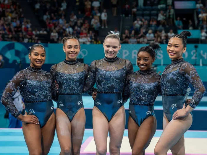 Each "Star Spangled Shine" leotard features 6,359 crystals in red, white, blue, and gold.