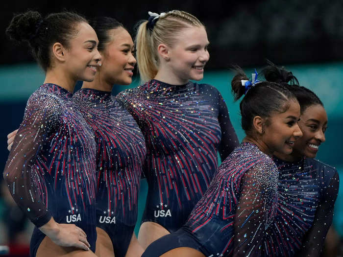 The "Sovereign Sparkle" leotard is meant to evoke Fourth of July fireworks.