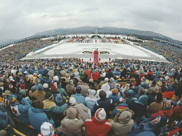 The opening ceremony of the 1980 Winter Olympics in Lake Placid, New York, was held at the temporary Lake Placid Equestrian Stadium.